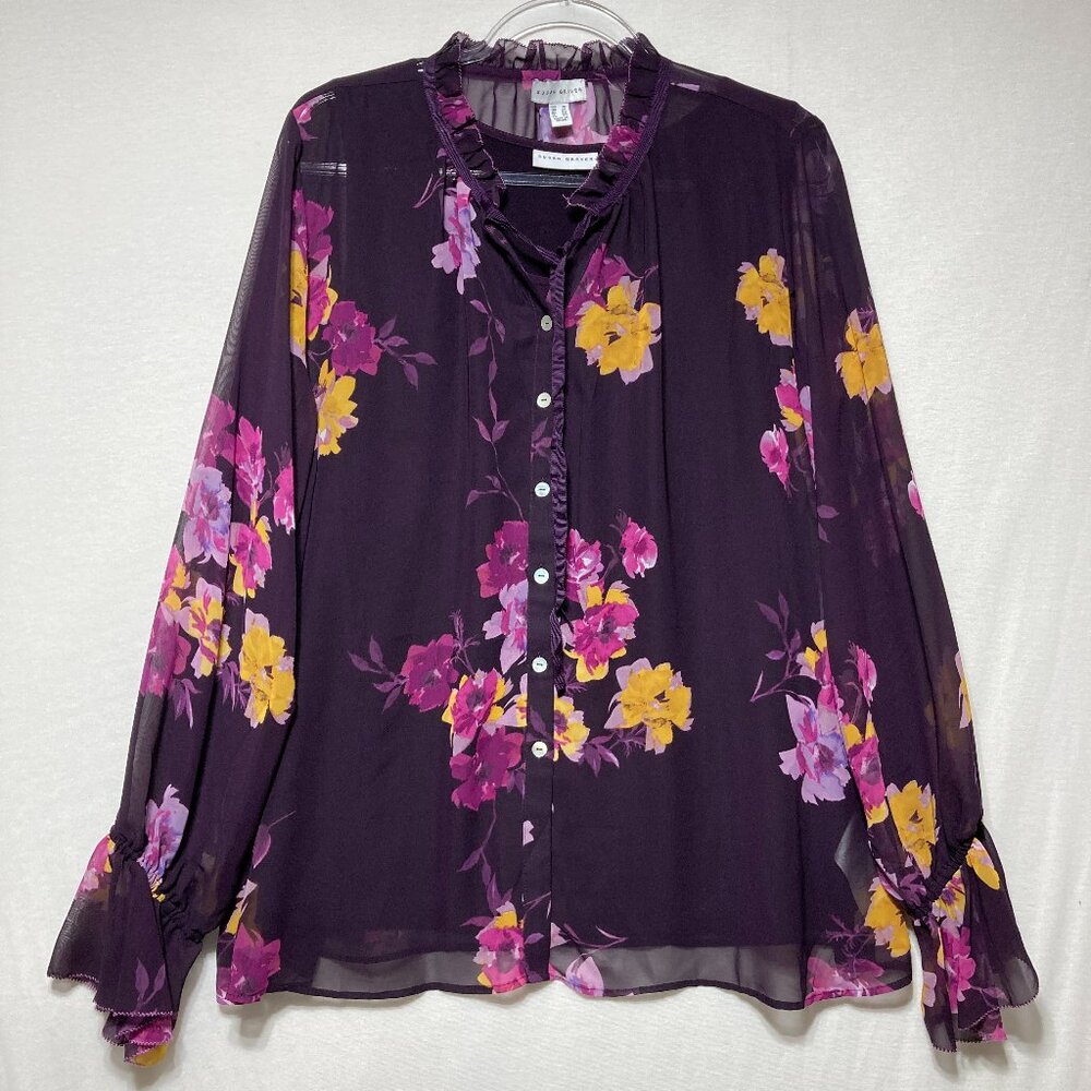 Susan Graver Blouse size 16 Purple Floral Tank Top and Chiffon Button Up Preppy